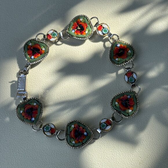 Vintage Italian Micro Mosaic Heart Bracelet GM Mark Floral Glass Tile 7.25” - Picture 4 of 7